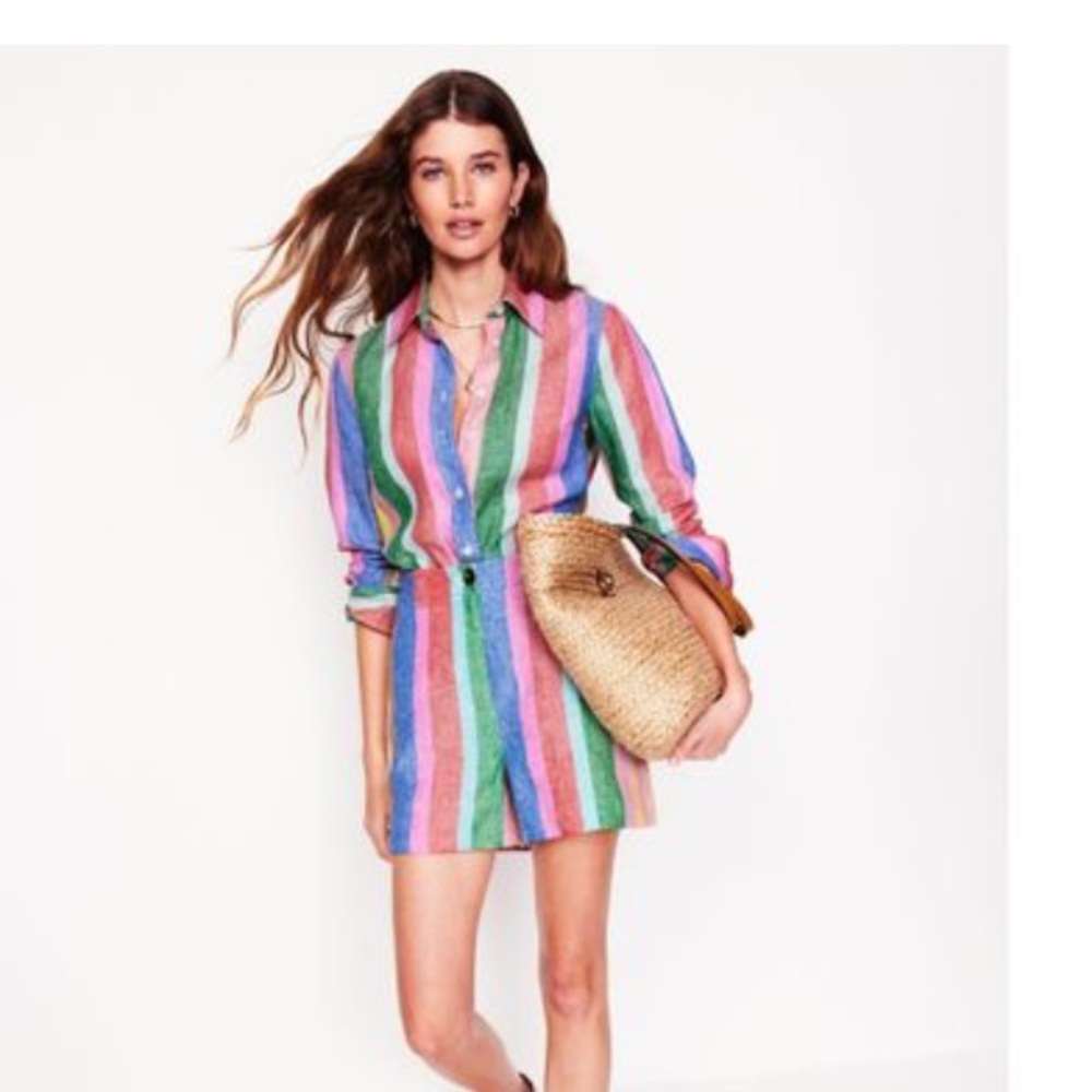 Boden - Sienna Linen Shirt & Westbourne Linen Shorts, Bright Rainbow Stripe, 10